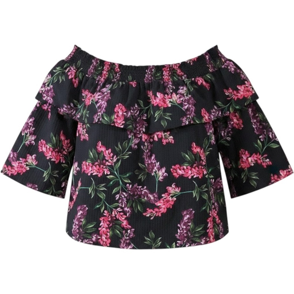 XL 14TH & UNION black pink purple floral tiered ruffle off shoulder 3/4 blouse